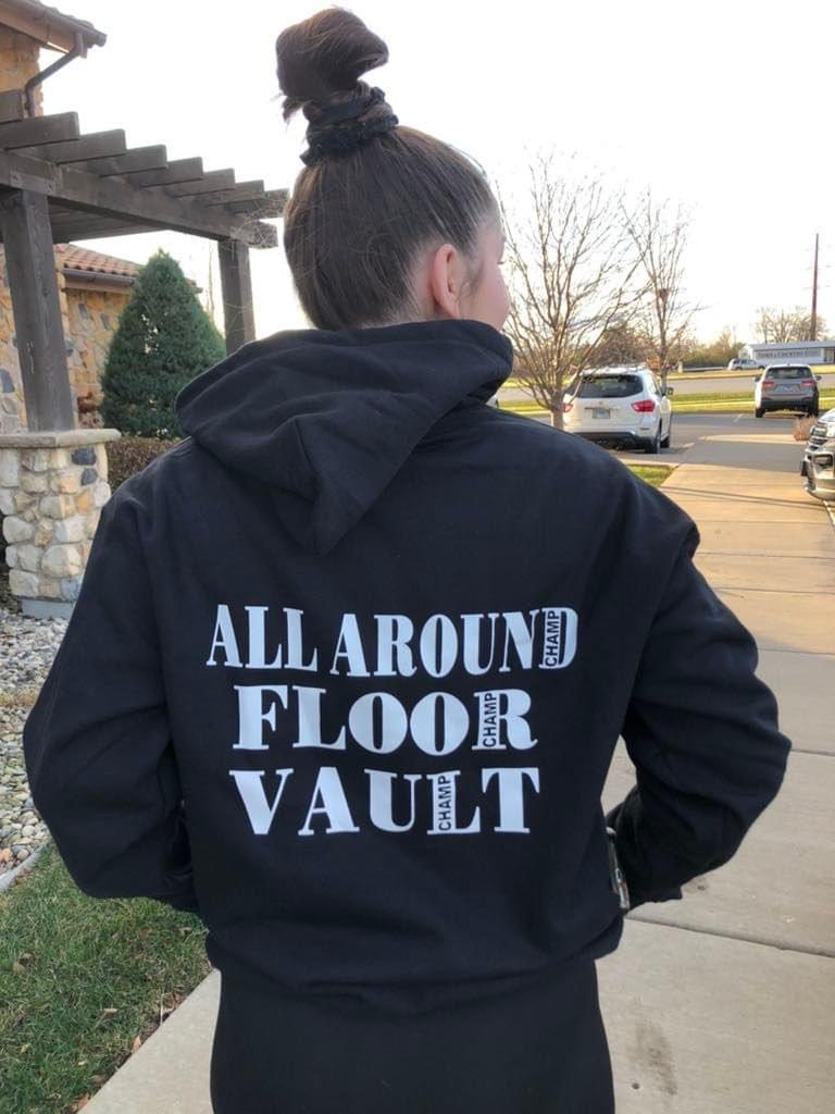 All around floor vault written on a hoodie